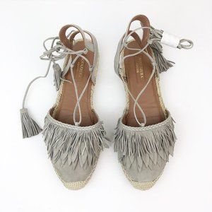 AQUAZZURA grey suede fringe espadrille flat
